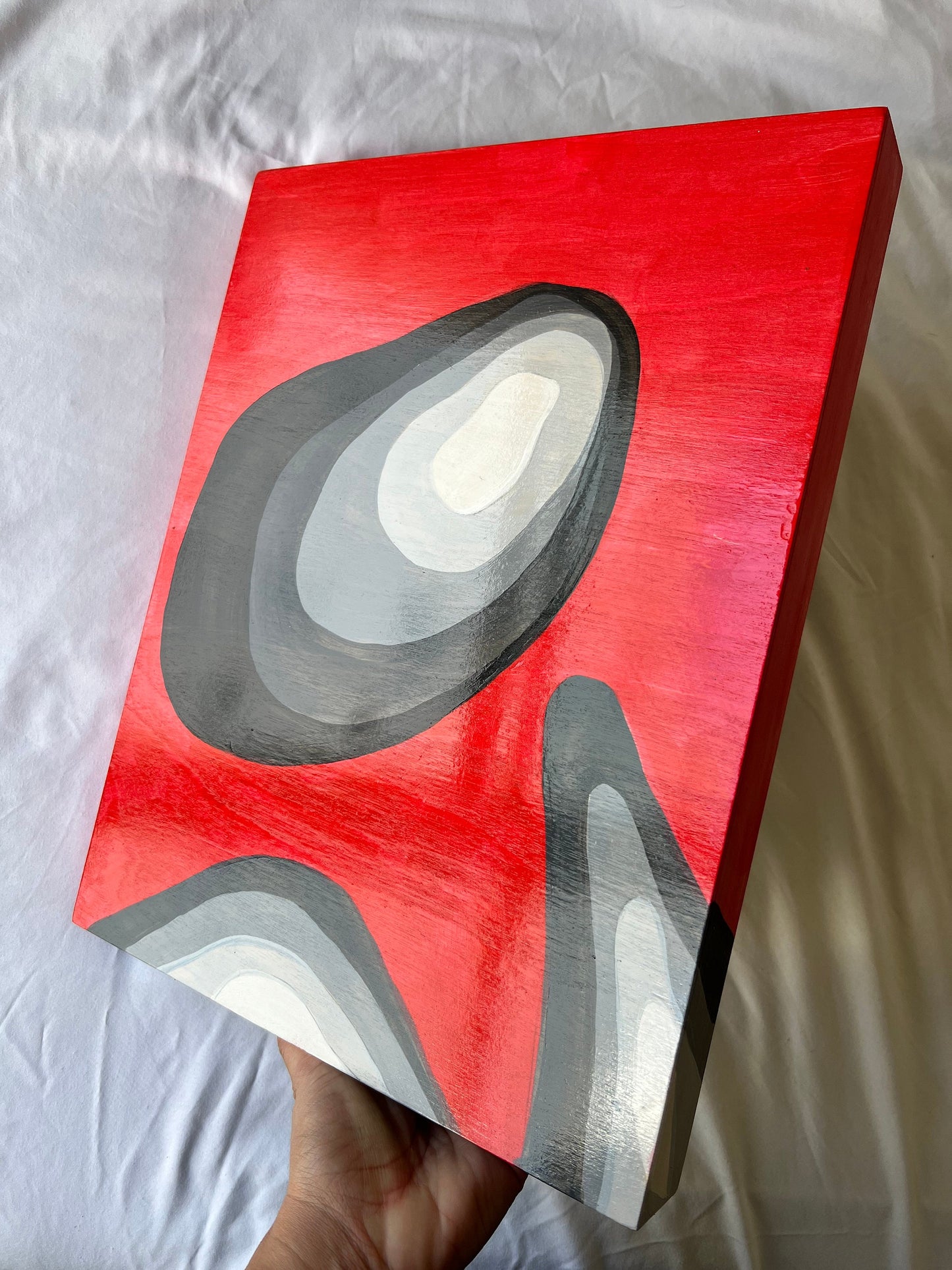 Modern Abstract Original Acrylic Art on Wood Painting | Red Grey | Oyster